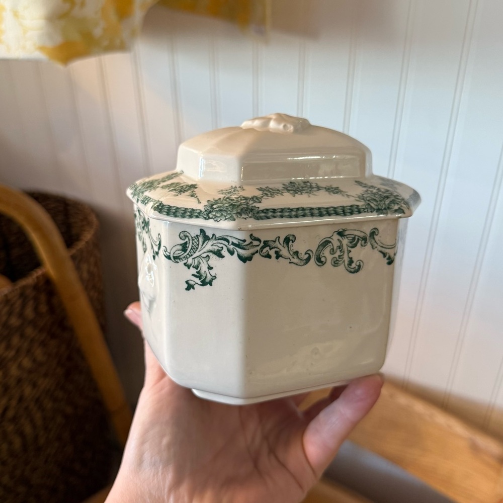 Vintage Cream and Green Ceramic Jar